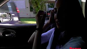 In public, the step daughter bribes with sloppy blowjob. Mature brunette gets wild.