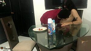 Latina sucks cock in doggystyle cumshot.