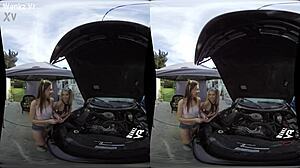 Emotional hardcore under the hood with Alex Blake and Arya Fae in outdoor car POV.