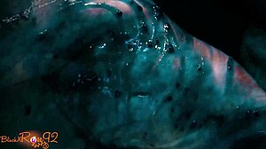 tattooed brunette oozes messy lipstick in black costume