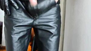 Guy Jerks Off Vigorously in Tight Leather Pants