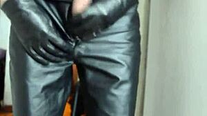 Guy Jerks Off Vigorously in Tight Leather Pants