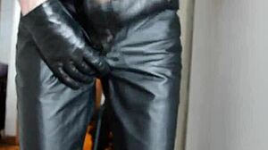 Guy Jerks Off Vigorously in Tight Leather Pants