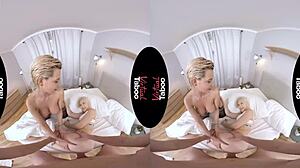 blonde babe takes monster cock in her shaved pussy