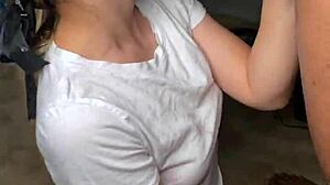 White babe slobbers on huge black shaft for mouth cum