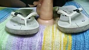 Footjob with my dildo feels wild in torn pantyhose!