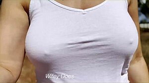 Yo, check this sexy milf flashing wet shirt in public dare, so wild!