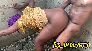 Sleazy babe bends over and receives big cock in the bum in outdoors