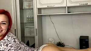 Russian redhead beauty gets her long slender legs depilated with care.