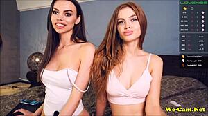 Horny camgirls strip naked and topless, comparing their big tits and boobs