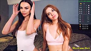 Horny camgirls strip naked and topless, comparing their big tits and boobs