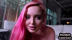 handjob coloredhair slut with pierced nipples teases pov dick