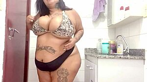 BBW Mary Jhuana Hides in Bathroom, Teases with Huge Tits and Anal Plug, Almost Caught!