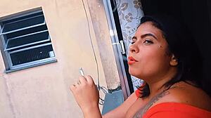 Latina with big ass smokes while giving steamy POV blowjob.