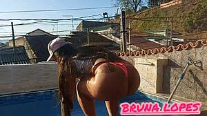 Part 2 pink bikini in bruna's ass while cleaning pool.