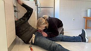 Hot wife giving plumber a kitchen blowjob with cum finish!