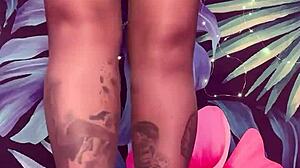 Teasing in pantyhose and latex dress with big tits and feet