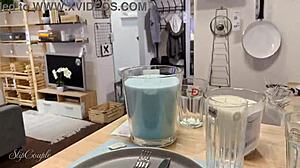 this girl gives a sloppy blowjob and handjob in a furniture store, so risky in public