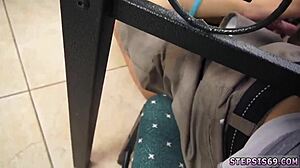 Petite blonde teen 18+ performs striptease while sucking stepbro's banana.