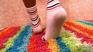 keeani's slutty little socks tease with shaved teen footjob