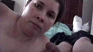 busty brunette gives blowjob until he cums in mouth!