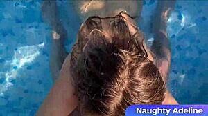 blonde slut sucking cock by the pool, huge load!