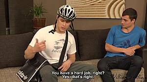 Gay bareback sex with top courier spreading