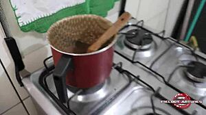 Blonde amateur prepares gourmet brigadeiro, then masturbates with pussy-honey dildo to orgasm