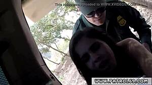 brunette cutie in uniform having outdoor orgasm