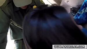 brunette cutie in uniform having outdoor orgasm