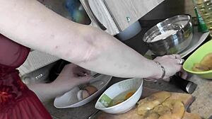 Milf Frina Cooks Naked Chicken In Kitchen, No Panties, Transparent Negligee, Natural Tits, Pussy, Beautiful Ass