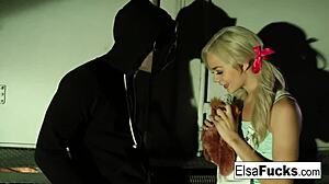 Teen Elsa Jean blows and fucks masked stranger in alley