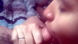 Super petite latina wife sucks dick deliciously, brunette gets cumshot at the end.