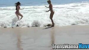 Amateur teens in threeway blowjob with facial at party