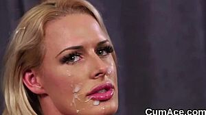 Hot babe gets cum load on her face, eating all the juice 😋 blowbang bukkake facial