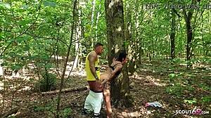 German student catches mature couple having sex in park and joins for threesome.