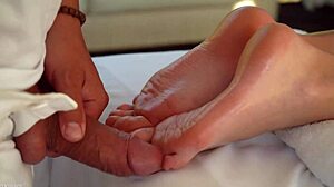 brunette teen seduces masseuse into oiled footjob before banging