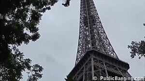 Cute girl banged by two guys with huge cocks in public near Paris Eiffel Tower.