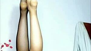 Kinky teen gives footjob massage with toys to young guy.