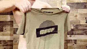 old woman folds laundry while naked