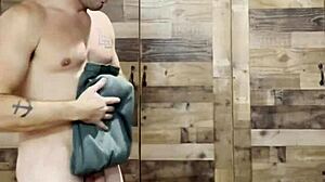 old woman folds laundry while naked