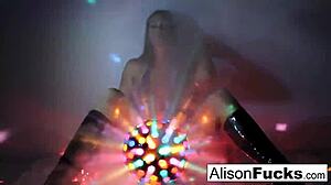 Sexy brunette Alison Tyler nude with big tits in night club.