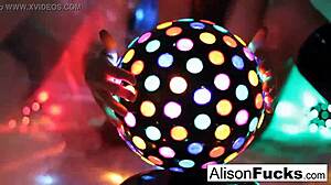 Sexy brunette Alison Tyler nude with big tits in night club.