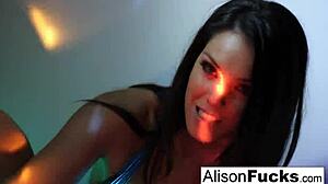 Sexy brunette Alison Tyler nude with big tits in night club.