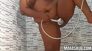 Bbw babe plays with dildo and shower head in steamy show