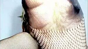 Kinky teen gives footjob massage with toys to young guy.