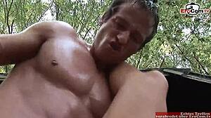 Want to join the thin MILF in forest threesome?