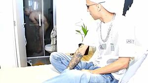 Brazilian hunk catches skinny guy staring at his huge cock in shower!