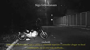 married woman shows off on street with cuckold voyeur filming