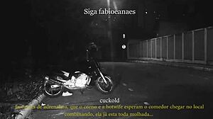 married woman shows off on street with cuckold voyeur filming